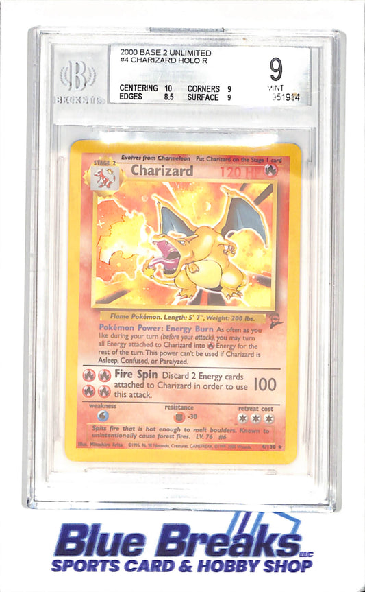 2000 Pokemon - Charizard - Base Set 2 Unlimited - Holo Rare - Beckett 9 - 4/130