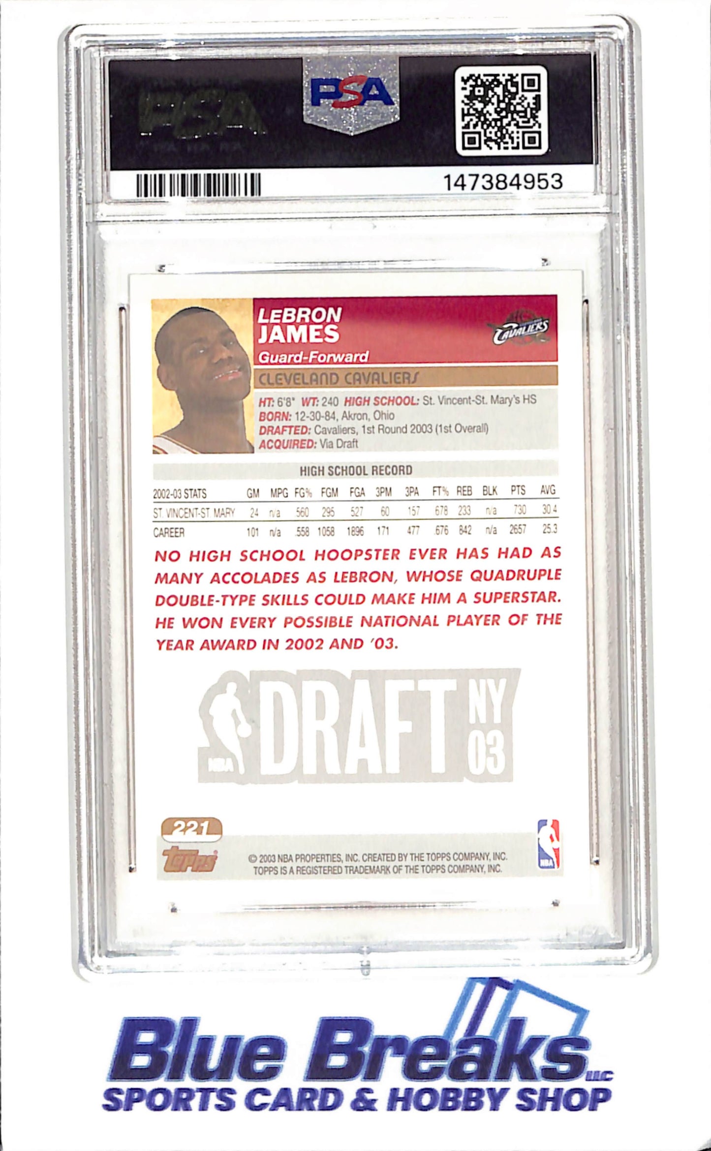 2003 Topps - LeBron James - Cleveland Cavaliers - Basketball -  PSA 9 - #221