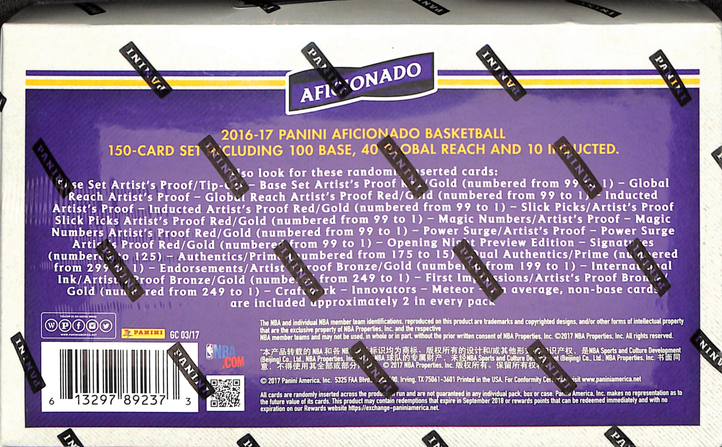 2016-17 Panini NBA Aficionado Hobby Box - Basketball - Sealed Wax