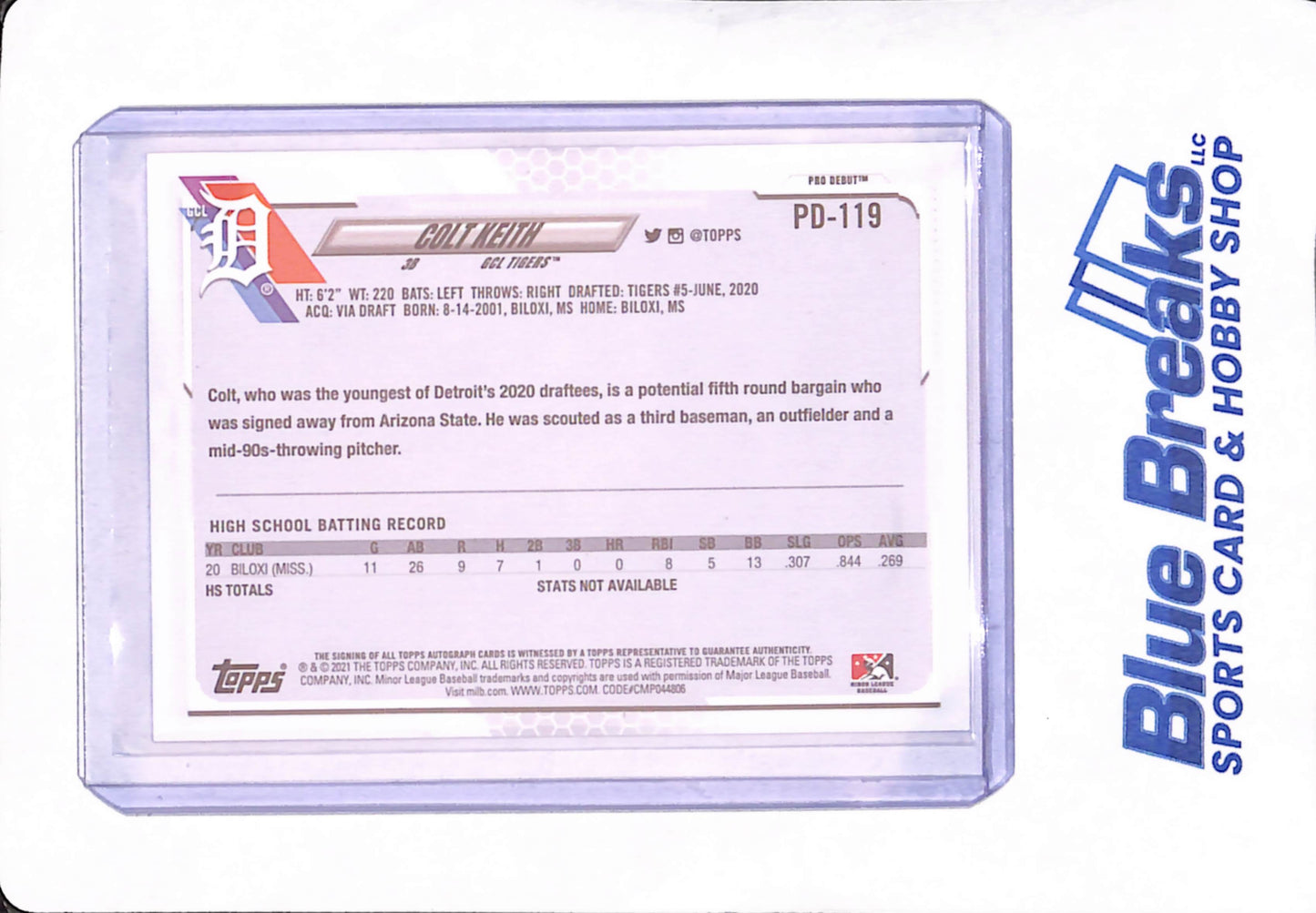 2021 Topps Pro Debut - Colt Keith - Autograph - Detroit Tigers - Baseball - #PD-119