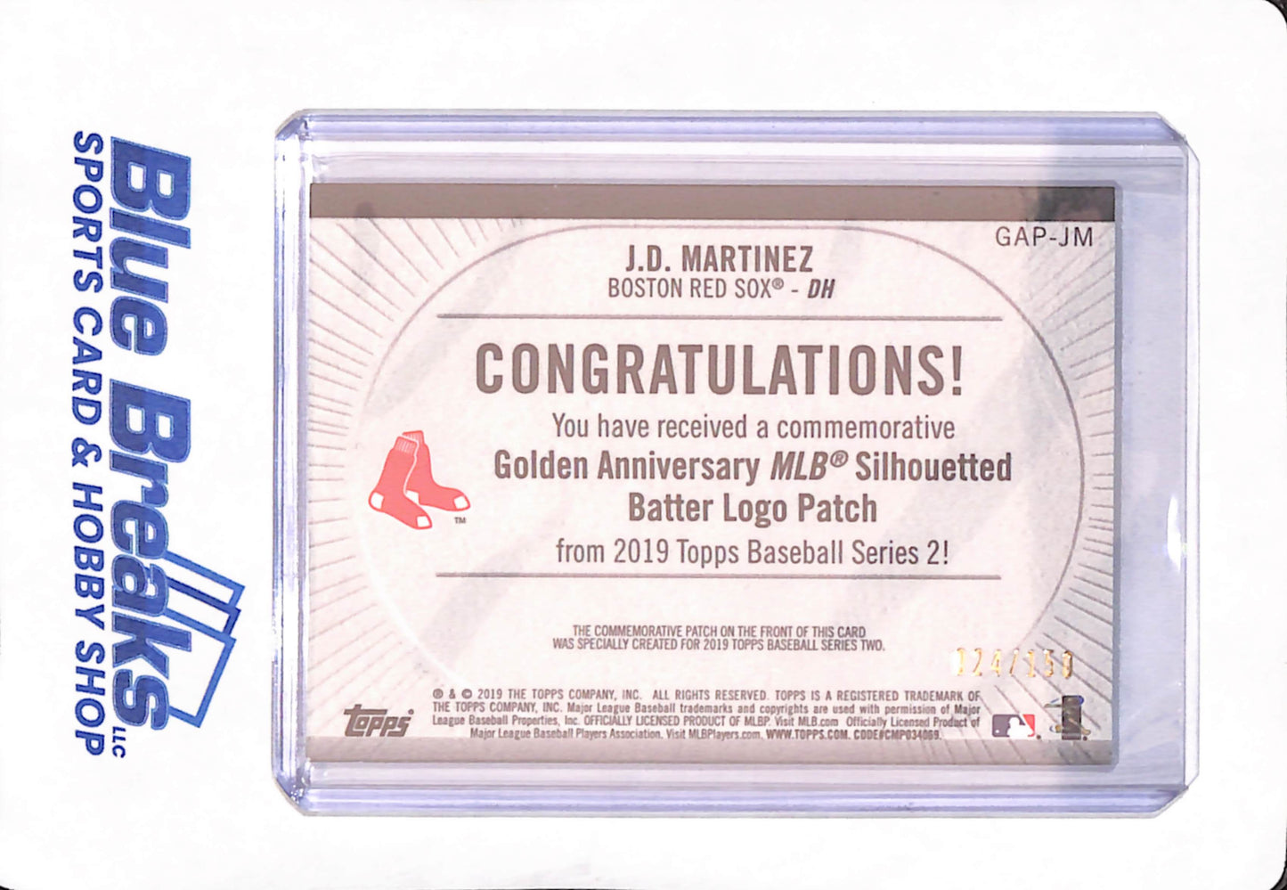 2019 Topps Series 2 - J.D. Martinez - Boston Red Sox - Baseball - Golden Anniversary MLB Silhouetted Batter Logo Patch - 124/150 - #GAP-JM