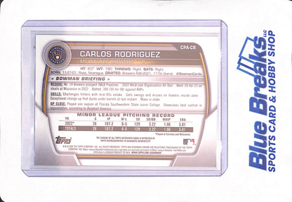 2023 Bowman Chrome - Carlos Rodriguez - Autograph - Milwaukee Brewers - Baseball - Blue Wave - 107/150 - #CPA-CR