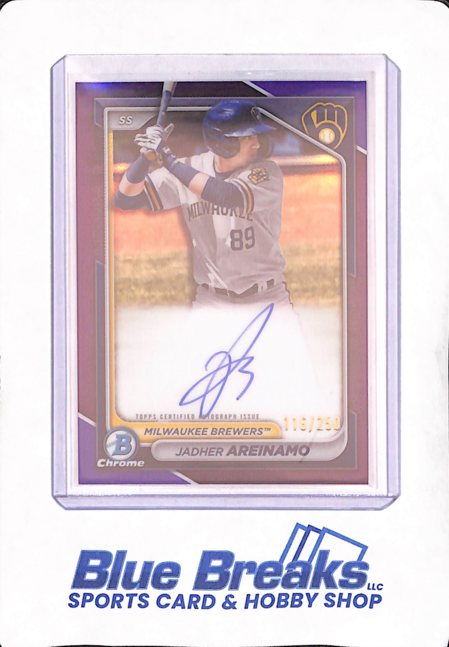 2024 Bowman Chrome - Jadher Areinamo - Autograph - Milwaukee Brewers - Baseball - Purple - 116/250 - #CPA-JA