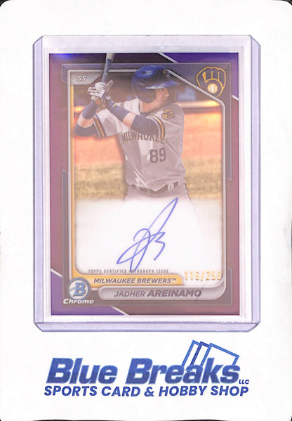 2024 Bowman Chrome - Jadher Areinamo - Autograph - Milwaukee Brewers - Baseball - Purple - 116/250 - #CPA-JA