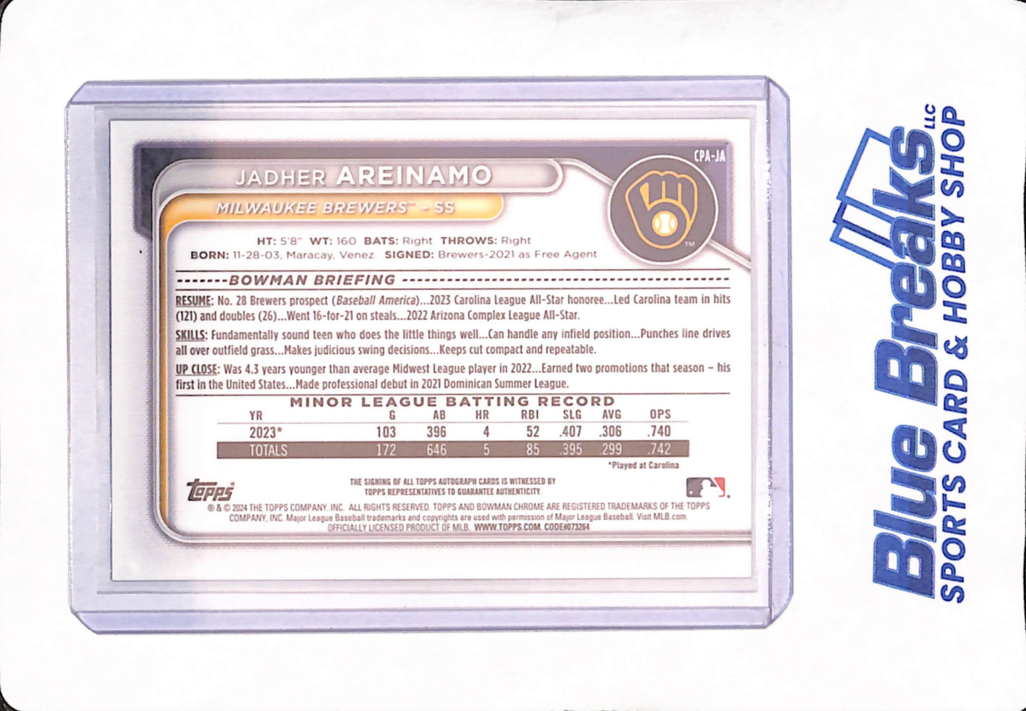 2024 Bowman Chrome - Jadher Areinamo - Autograph - Milwaukee Brewers - Baseball - Purple - 116/250 - #CPA-JA