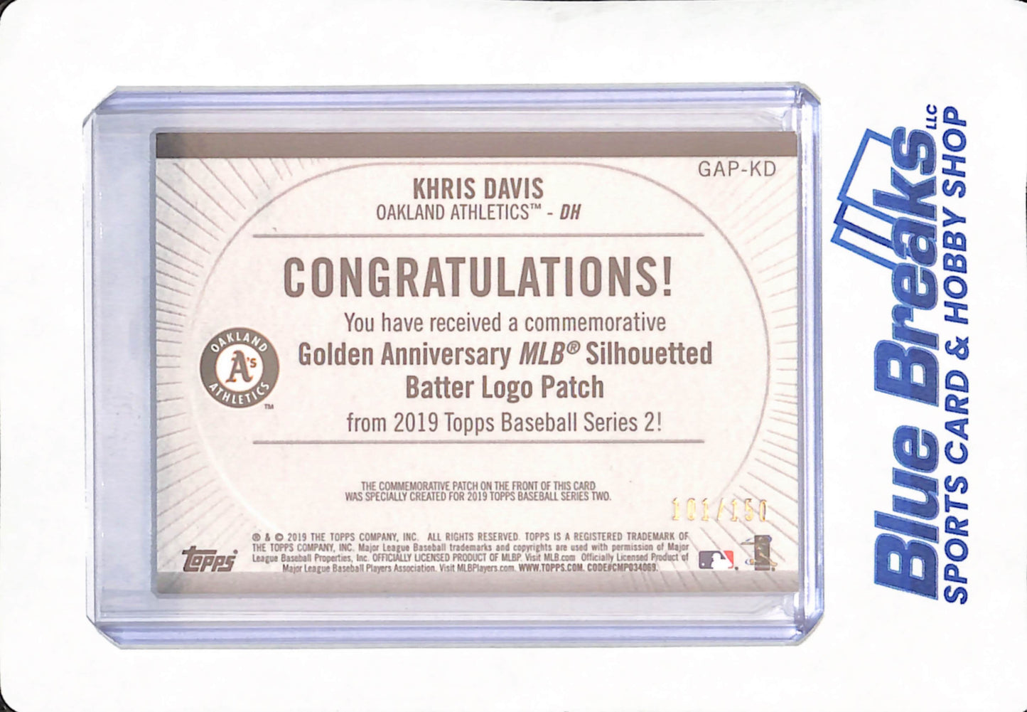 2019 Topps Series 2 - Khris Davis - Oakland Athletics - Baseball - Golden Anniversary MLB Silhouetted Batter Logo Patch - 101/150 - #GAP-KD