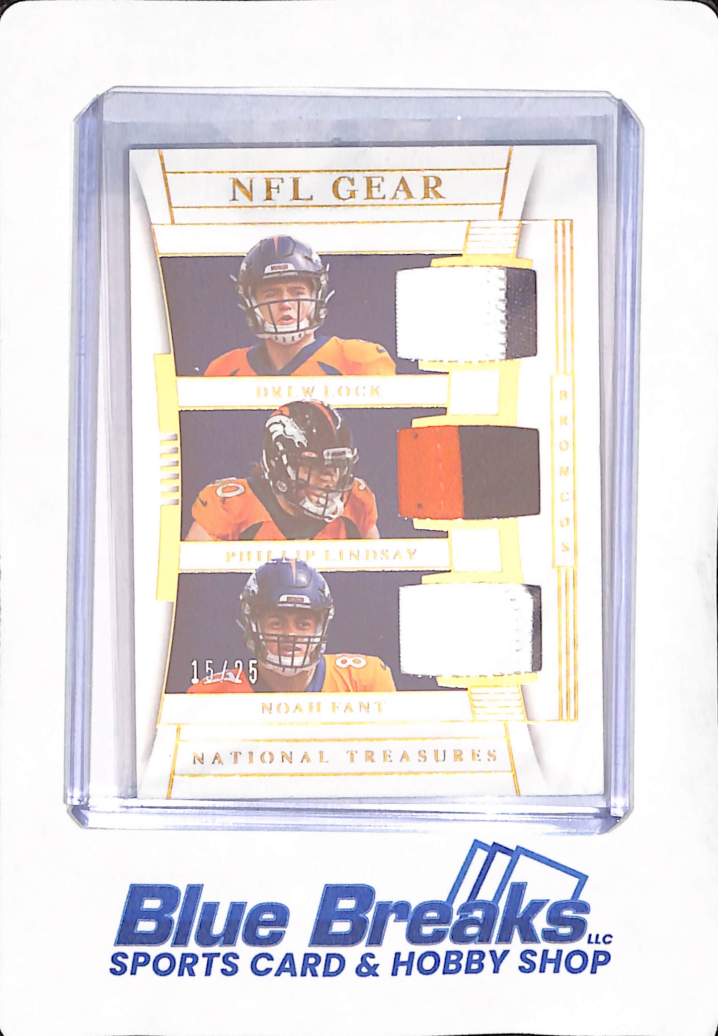 2019 Panini National Treasures - Drew Lock - Phillip Lindsay - Noah Fant - Triple Relic - Denver Broncos - Football - NFL Gear - 15/25 - #GTM-18