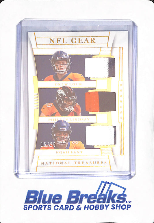 2019 Panini National Treasures - Drew Lock - Phillip Lindsay - Noah Fant - Triple Relic - Denver Broncos - Football - NFL Gear - 15/25 - #GTM-18