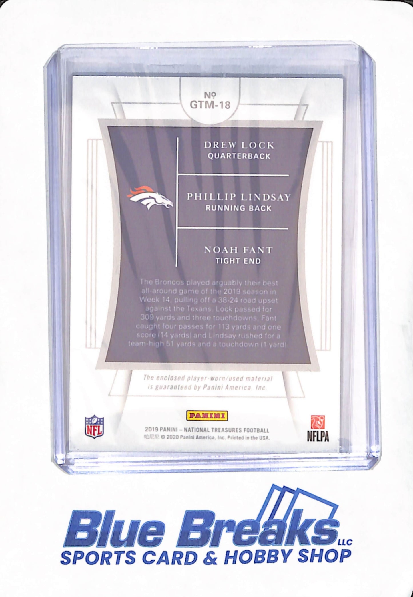 2019 Panini National Treasures - Drew Lock - Phillip Lindsay - Noah Fant - Triple Relic - Denver Broncos - Football - NFL Gear - 15/25 - #GTM-18