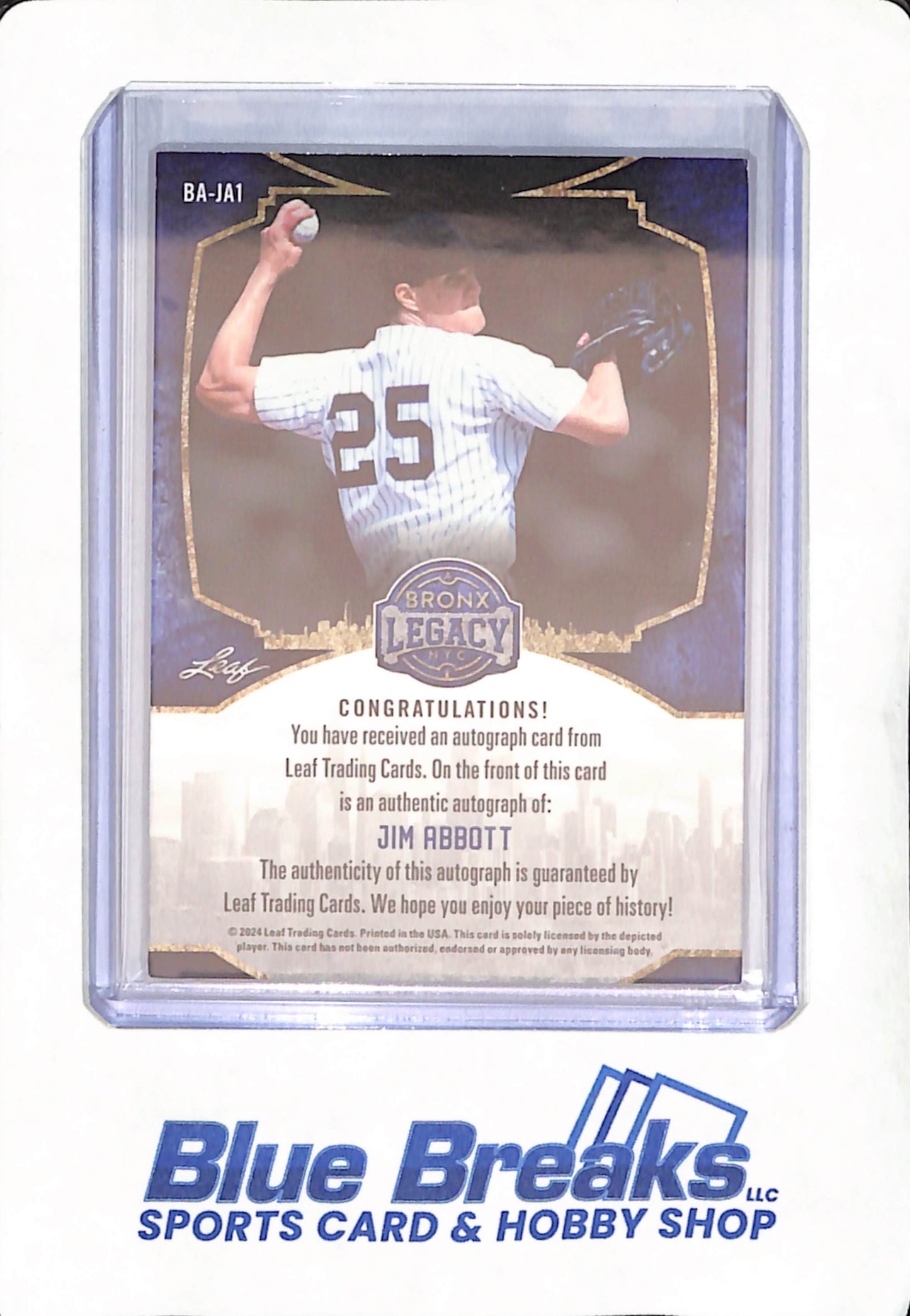 2024 Leaf Bronx Legacy - Jim Abbott - Autograph - New York Yankees - Baseball - 19/55 -#BA-JA1