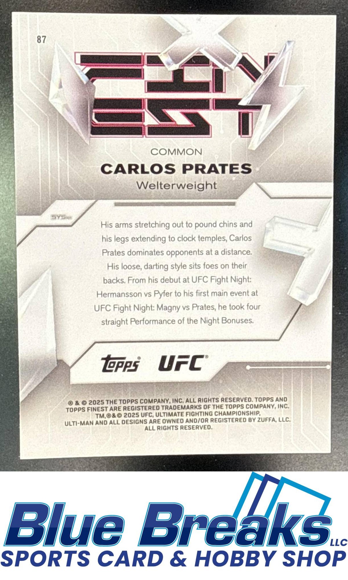 2025 Topps UFC Finest Carlos Prates #87 Blue Checkerboard Refractor 49/99 Common RC