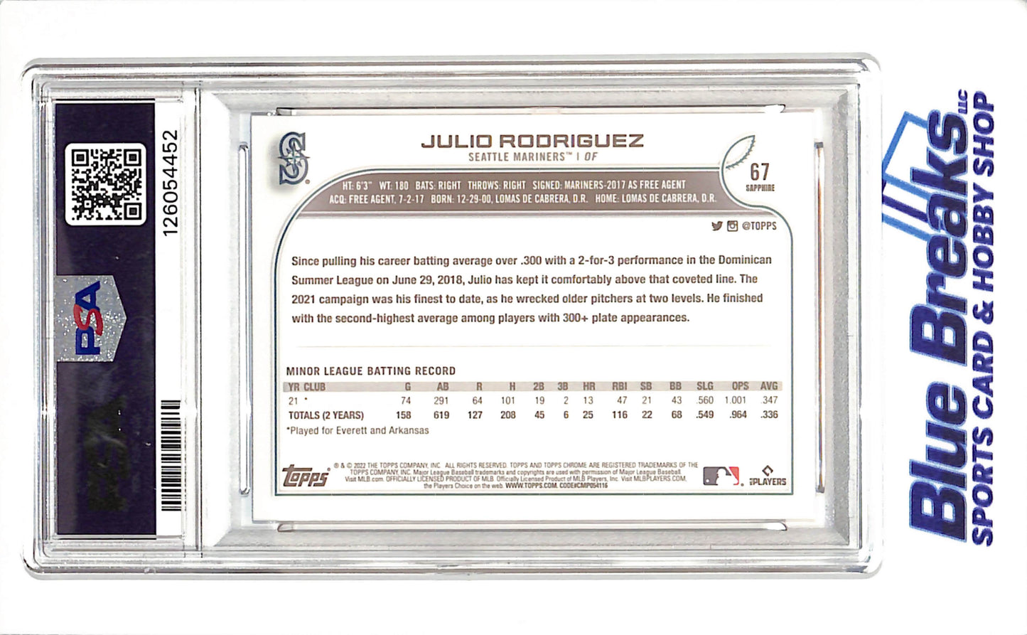 2022 Topps Chrome Sapphire Edition - Julio Rodriguez - RC - PSA 10 - Seattle Mariners - Baseball - #67