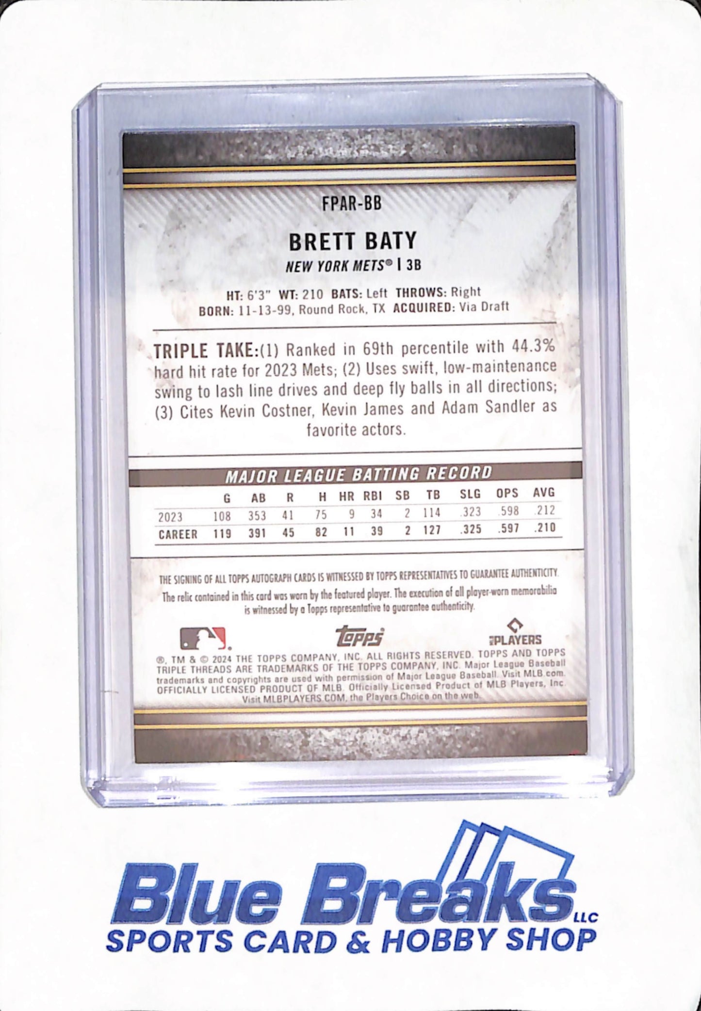 2024 Topps Triple Threads - Brett Baty - Autograph - Triple Relic - New York Mets - Baseball - #FPAR-BB