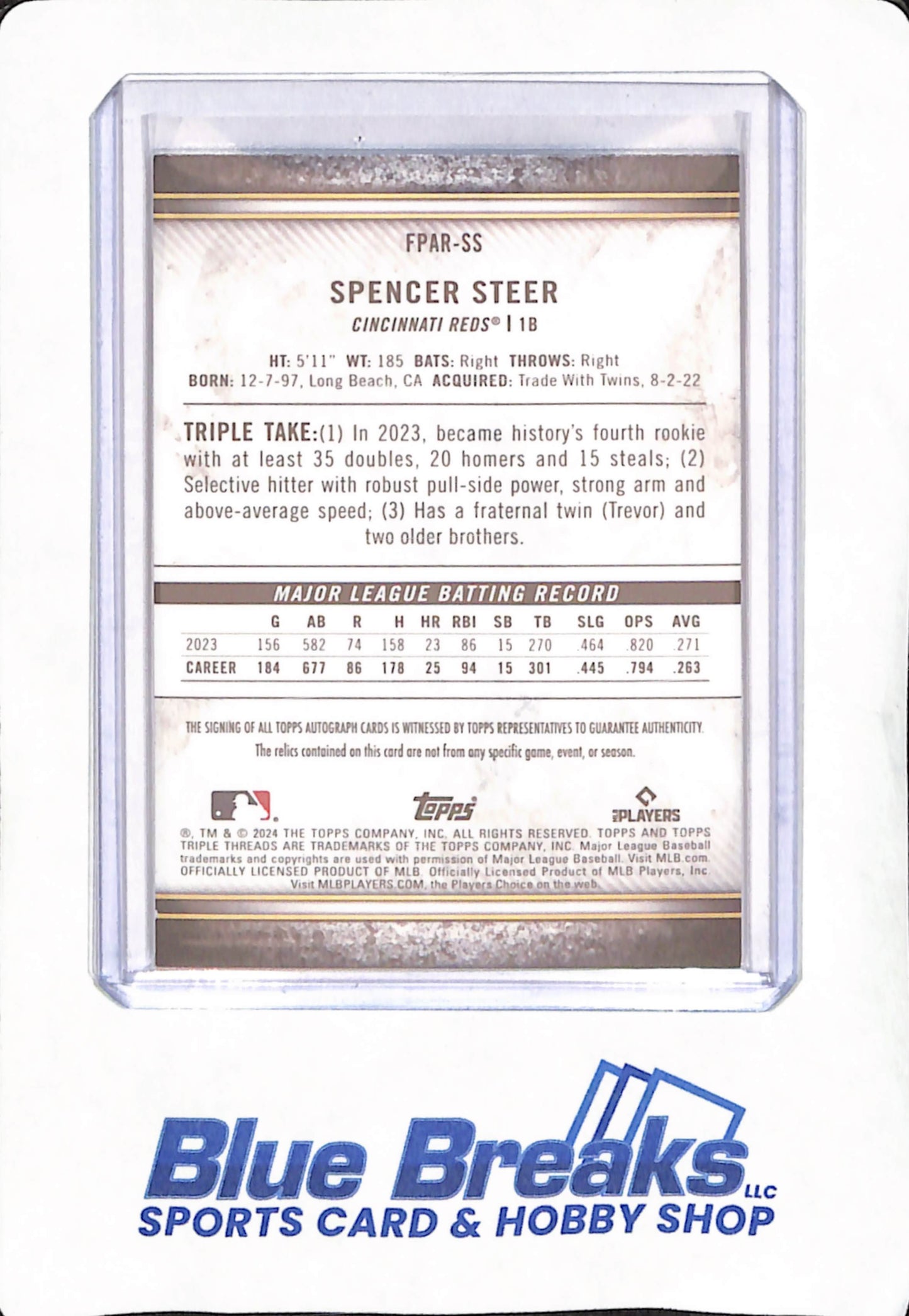 2024 Topps Triple Threads - Spencer Steer - Autograph - Triple Relic - Cincinnati Reds - Baseball - Purple - #FPAR-SS