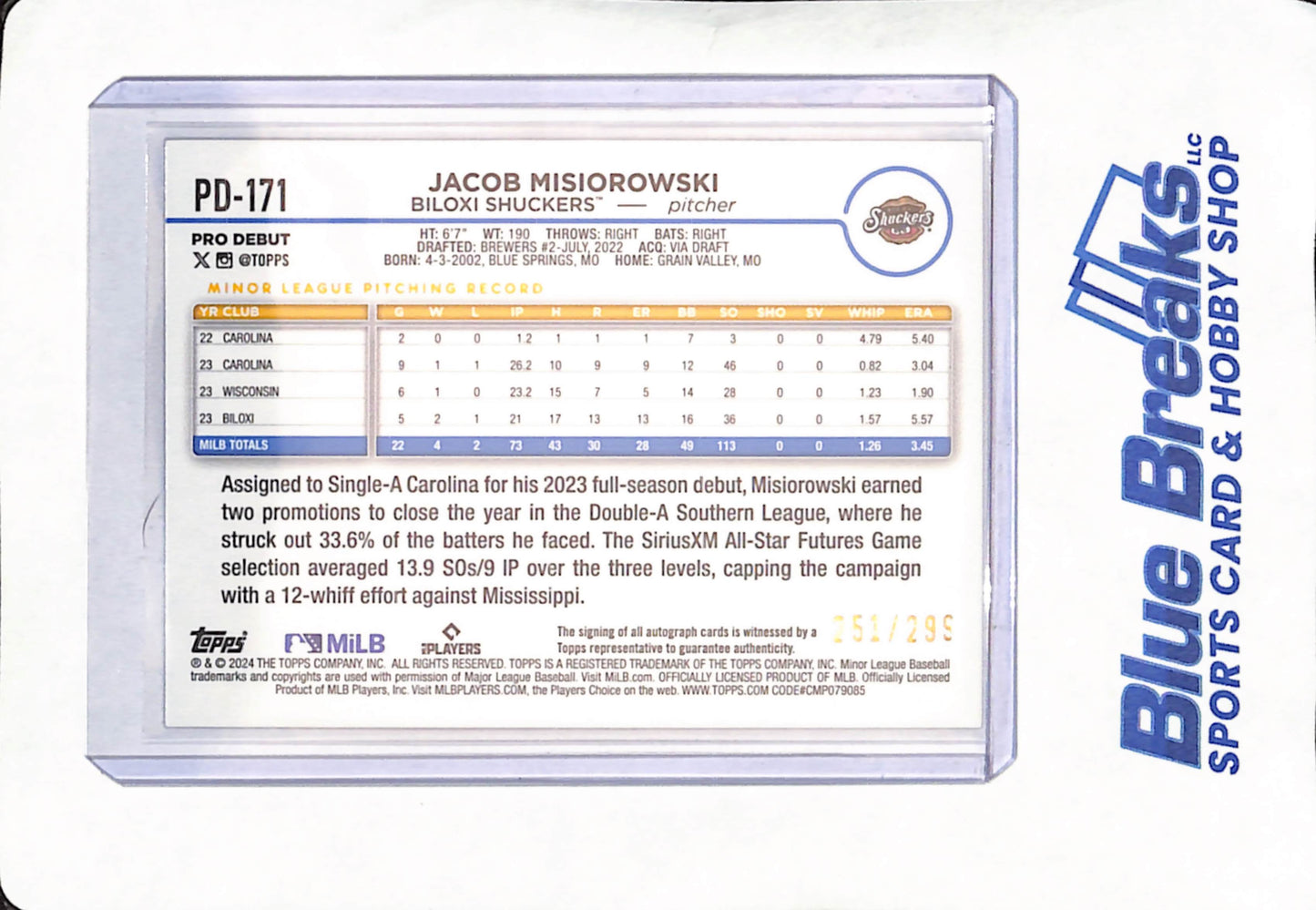 2024 Topps Pro Debut - Jacob Misiorowski - Autograph - Biloxi Shuckers - Purple Chrome - Baseball - 251/299 - #PD-171