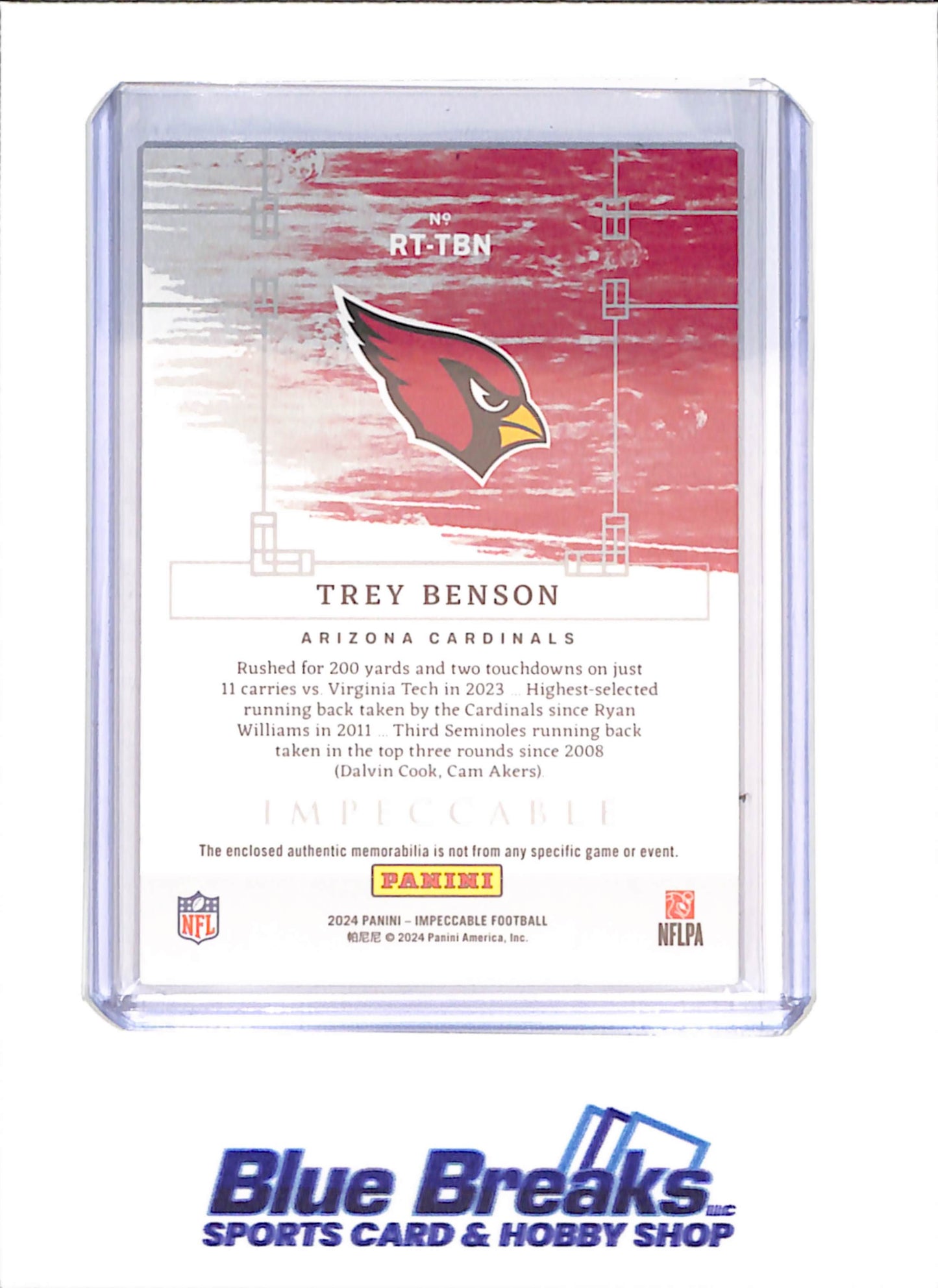 2024 Panini Impeccable - Trey Benson - Rookie Towels Relic - RC - 18/49 - Arizona Cardinals - Football - #RT-TBN