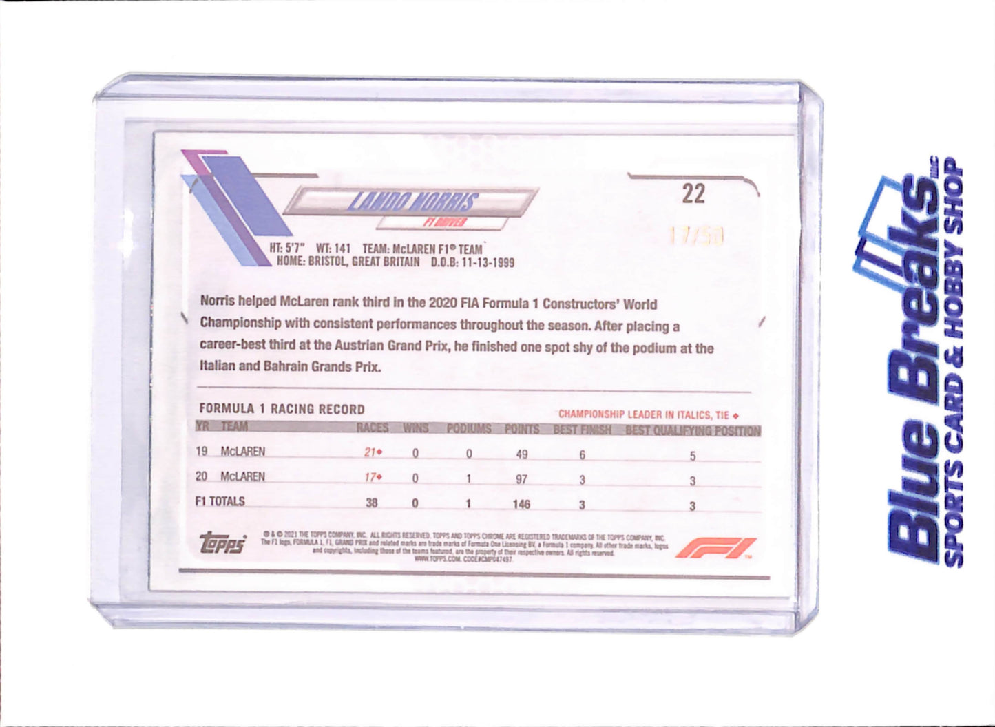 2021 Topps Chrome F1 - Lando Norris - X-factor - 17/50 - McLaren - Formula 1 - #22