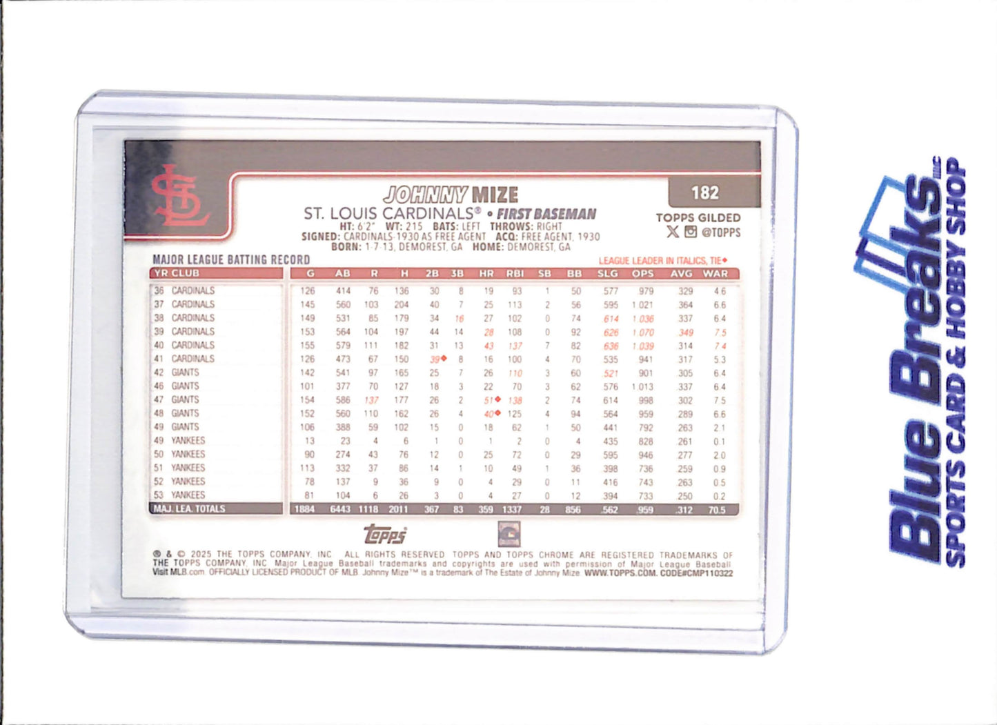 2025 Topps Chrome Gilded - Johnny Mize - Gold Refractor - 39/99 - St Louis Cardinals - Baseball - #182