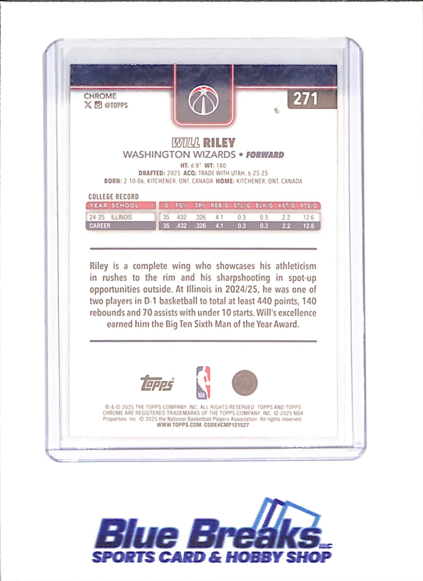 2025 Topps Chrome - Will Riley - RC - Image Variation - Washington Wizards - #271
