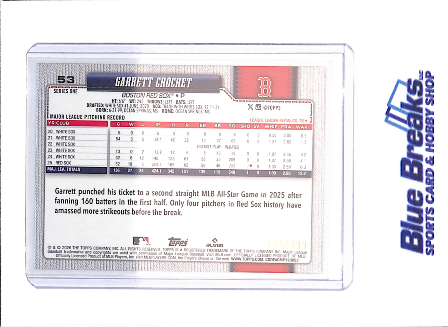 2026 Topps - Garrett Crochet - Yellow Glitter - 181/399 - Boston Red Sox - Baseball - #53