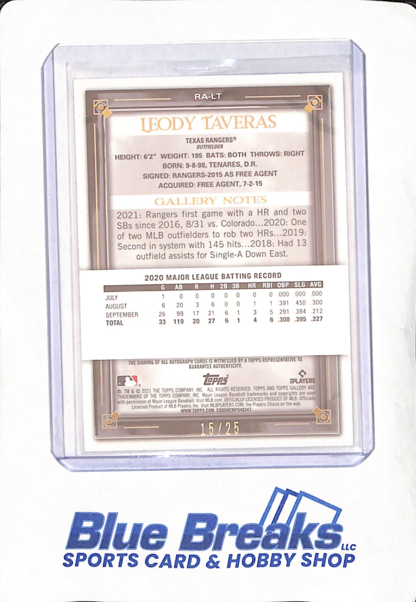2021 Topps Gallery - Leody Taveras - Autograph - Texas Rangers - Baseball - 15/25 - RC -#RA-LT