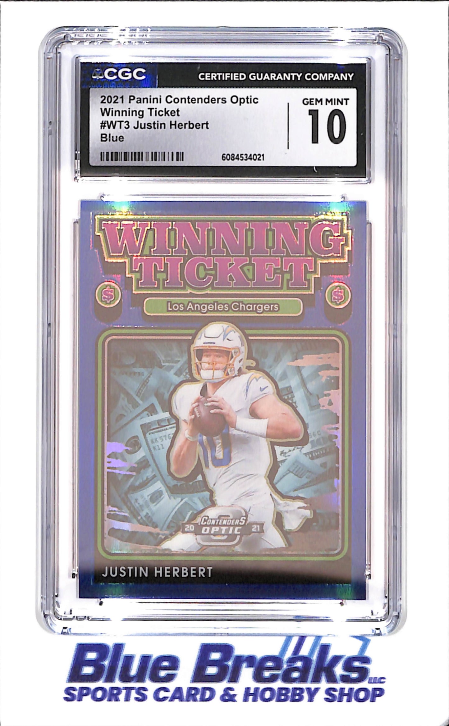 2021 Panini Contenders Optic - Justin Herbert - Winning Ticket - Blue - 39/99 - CGC 10 - Los Angeles Chargers - Football - #WT3