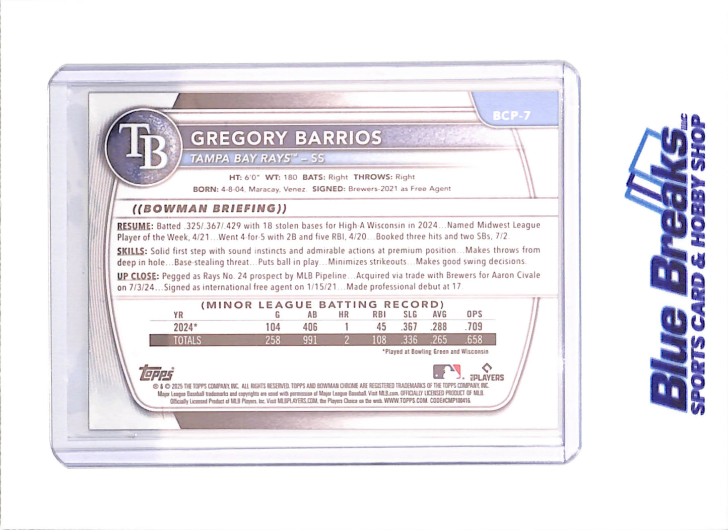 2025 Bowman Chrome Sapphire - Gregory Barrios - Yellow - 71/75 - 1st Bowman - Tampa Bay Rays - Baseball - #BCP-7