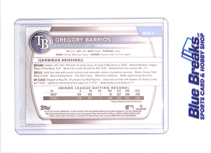 2025 Bowman Chrome Sapphire - Gregory Barrios - Yellow - 71/75 - 1st Bowman - Tampa Bay Rays - Baseball - #BCP-7