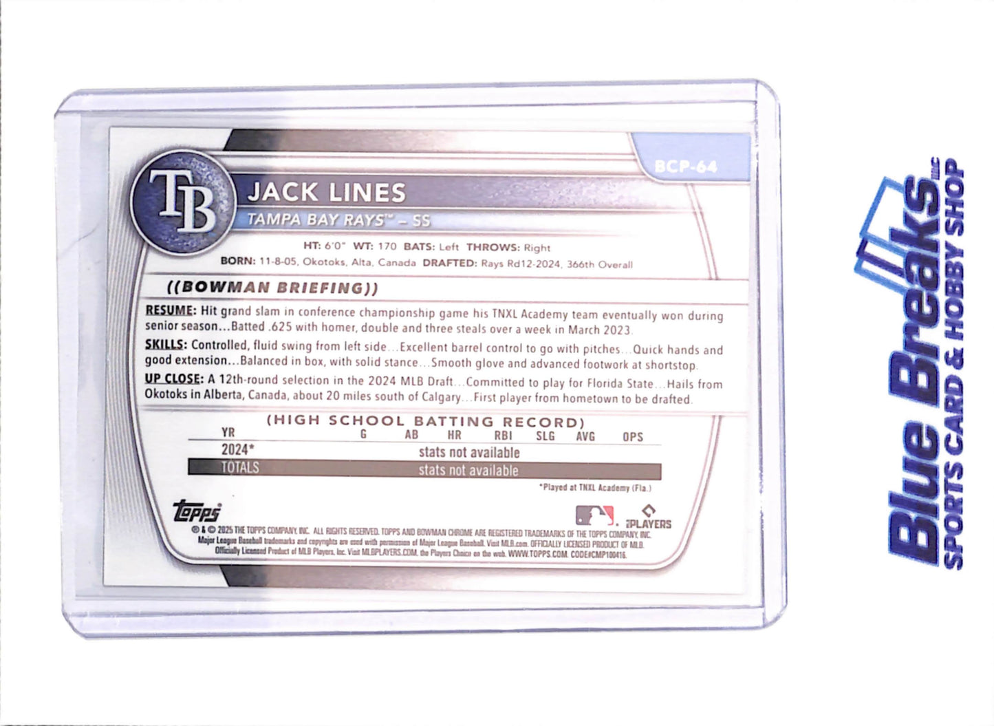 2025 Bowman Chrome Sapphire - Jack Lines - yellow - 41/75 - 1st Bowman - Tampa Bay Rays - Baseball - #BCP-64