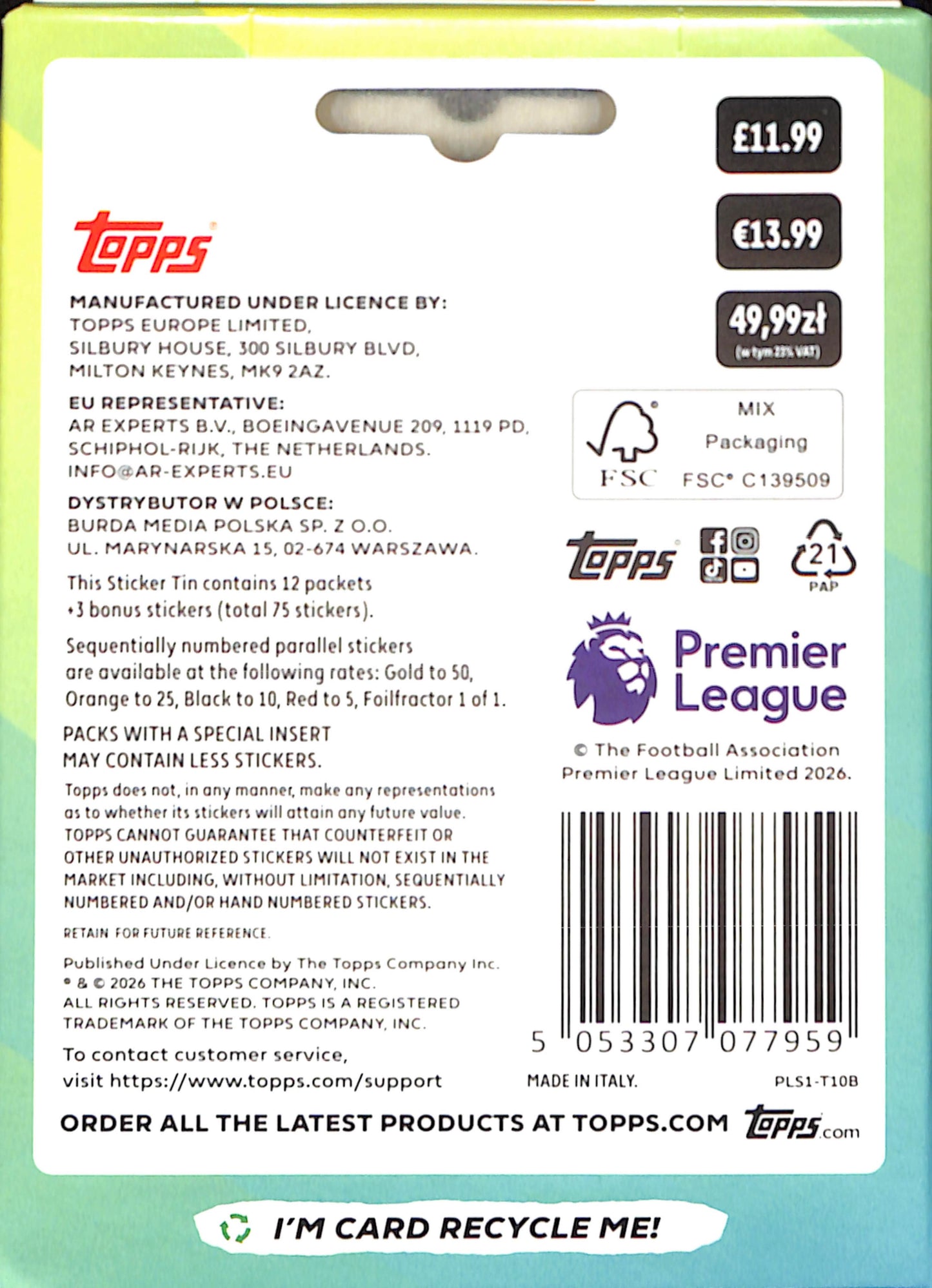 2026 Topps Premier League Official Stickers - Sticker Tin - Sealed Wax