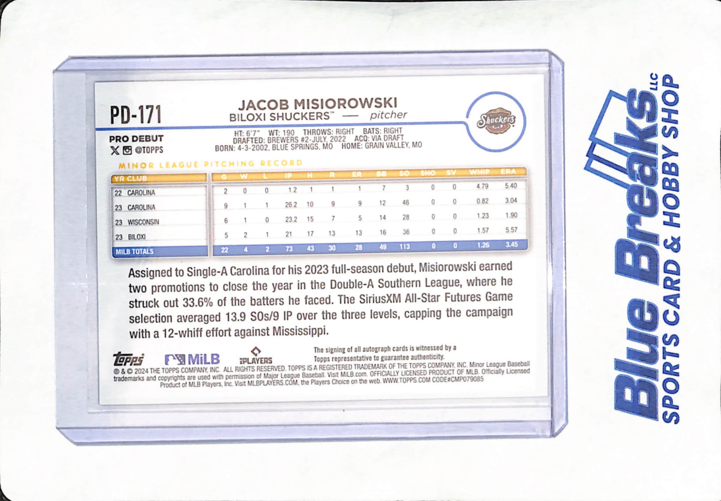 2024 Topps Pro Debut - Jacob Misiorowski - Autograph - Biloxi Shuckers - Baseball - #PD-171