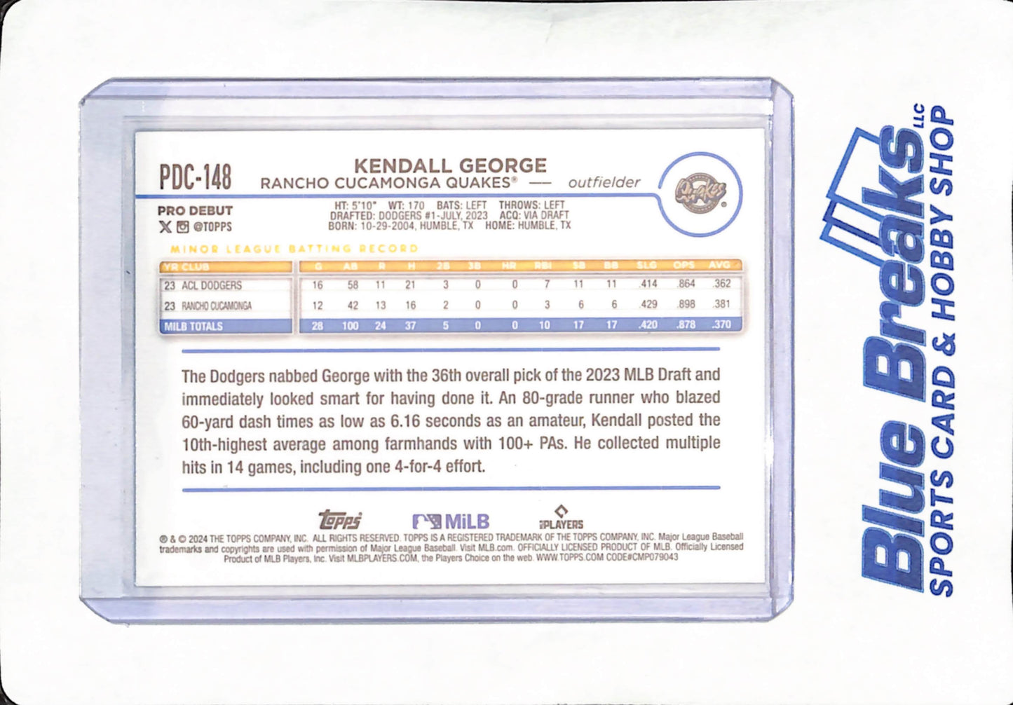 2024 Topps Pro Debut Chrome - Kendall George - Ranch Cucamonga Quakes - Aqua - Baseball - 15/75 - #PDC-148