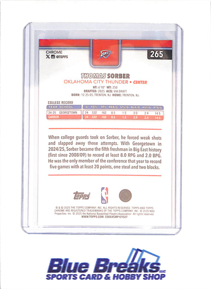 2025 Topps Chrome - Thomas Sorber - Blue Xfractor - RC - Oklahoma City Thunder - Basketball - #265