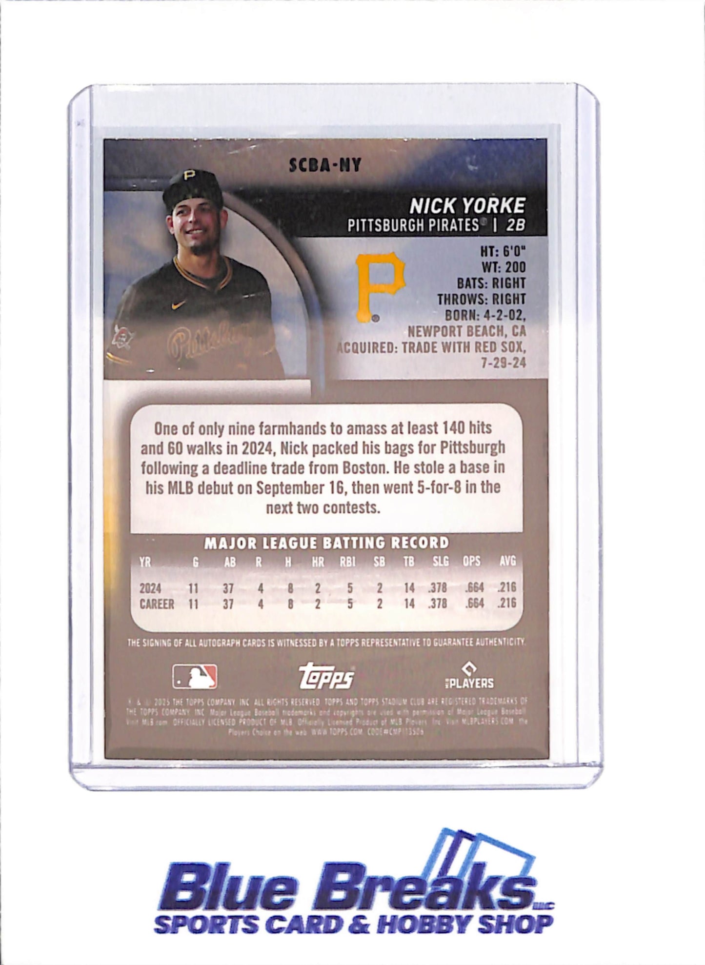2025 Stadium Club - Nick Yorke - Autograph - RC - Pittsburgh Pirates - Baseball - #SCBA-NY