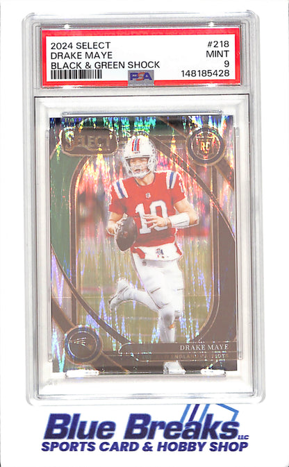 2024 Panini Select - Drake Maye - Black & Green Shock - RC - PSA 9 - New England Patriots - Football - #218