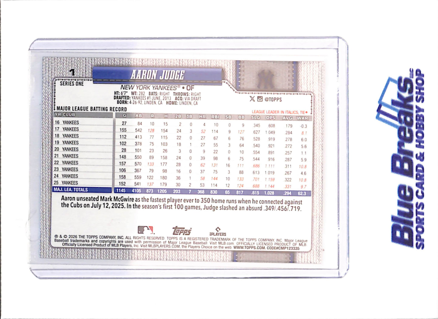 2026 Topps Series One - Aaron Judge - Team Border - New York Yankees - Baseball - #1