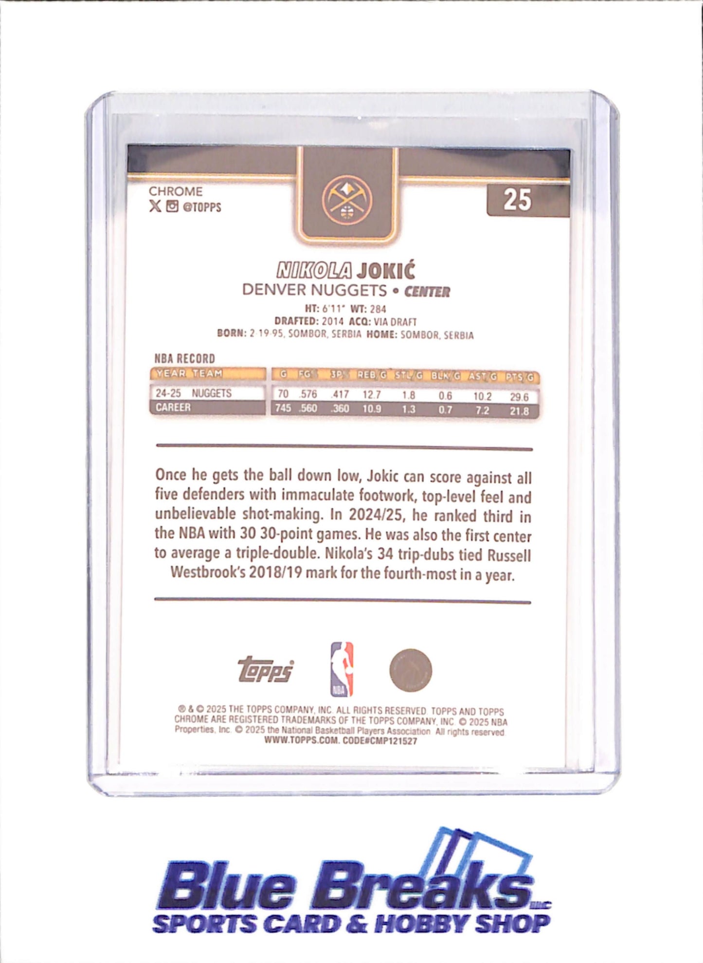 2025 -26 Topps Chrome - Nikola Jokic - Blue Xfractor - Denver Nuggets - Basketball - #25