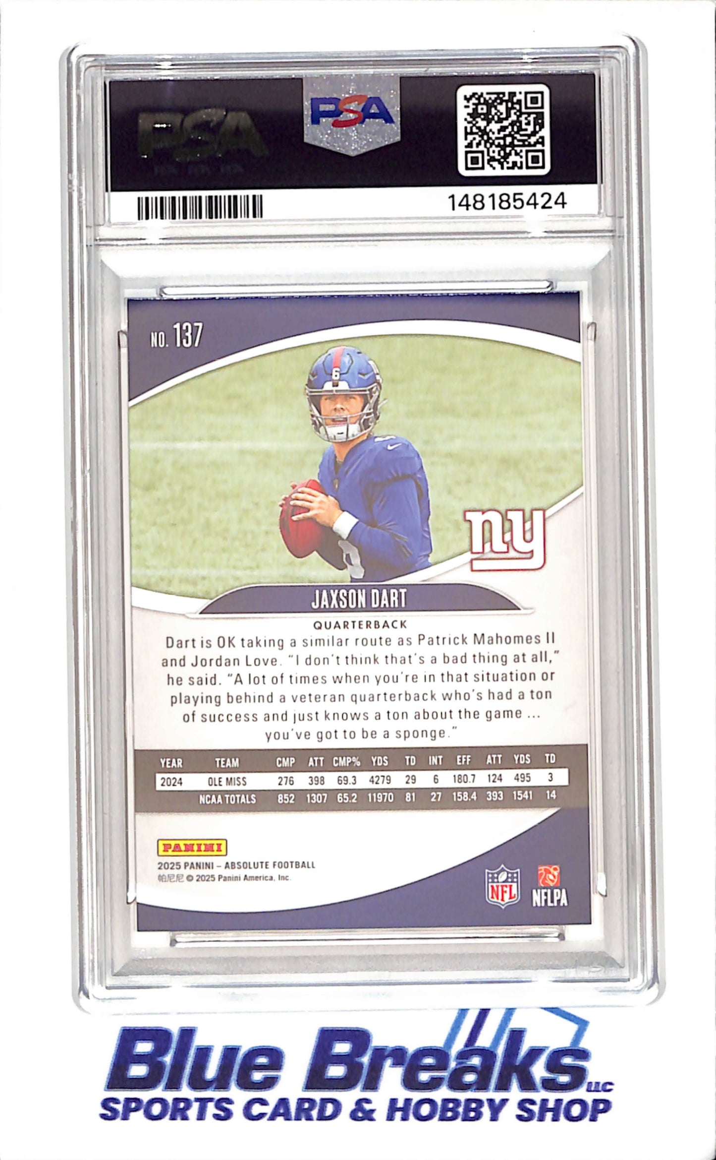 2025 Panini Absolute - Jaxson Dart - Green - RC - PSA 9 - New York Giants - Football - #137