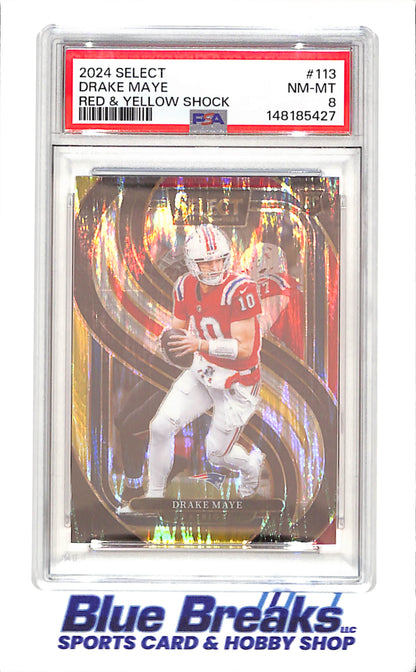 2024 Panini Select - Drake Maye - Red & Yellow Shock - RC - PSA 8 - New England Patriots - Football - #113