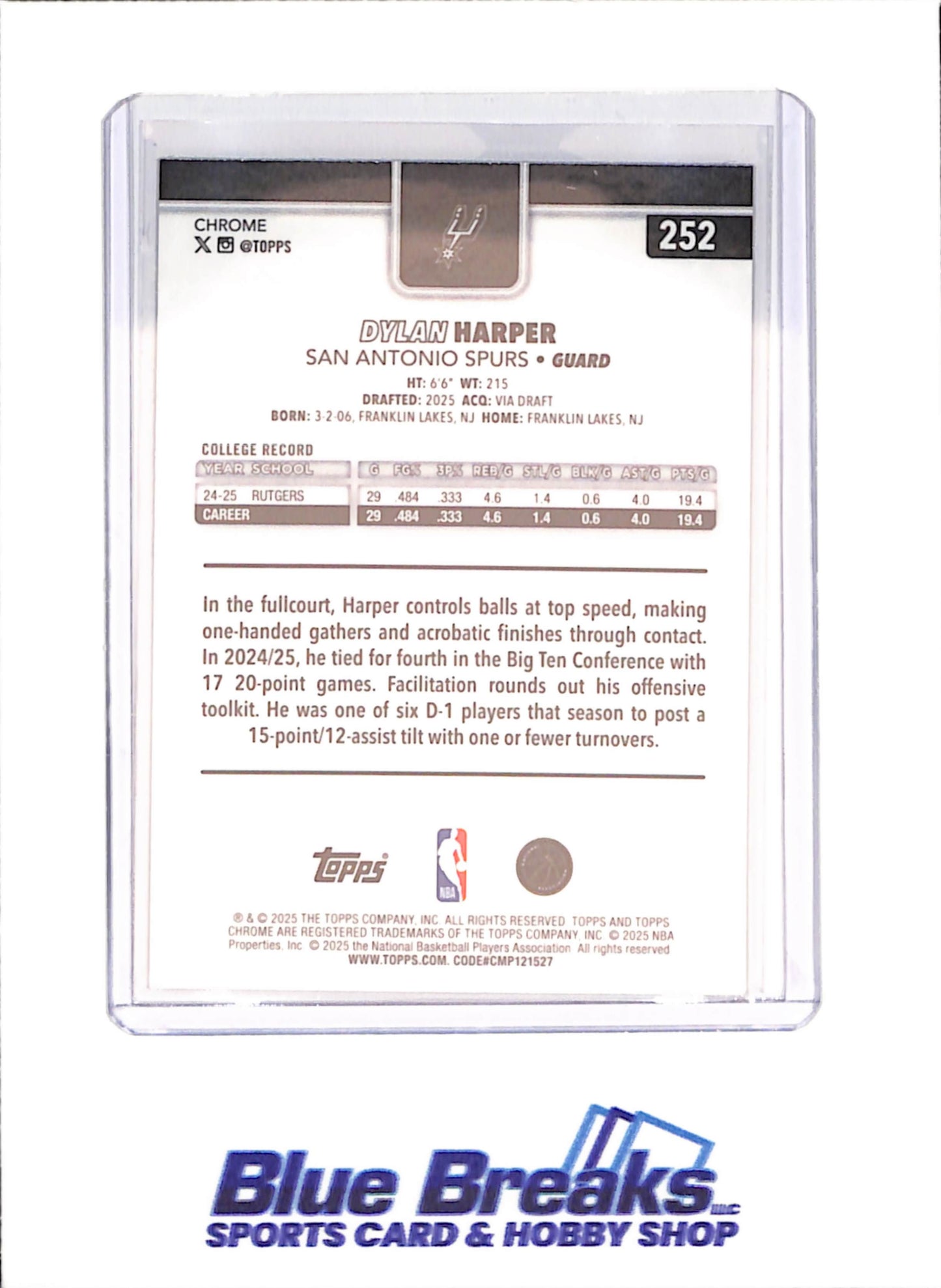 2025-26 Topps Chrome - Dylan Harper - RC - Basketball Border - San Antonio Spurs - Basketball - #252
