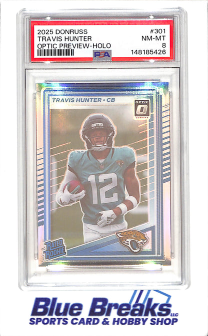 2025 Panini Donruss - Travis Hunter - Optic Preview Holo - Rated Rookie - PSA 8 - Jacksonville Jaguars - Football - #301