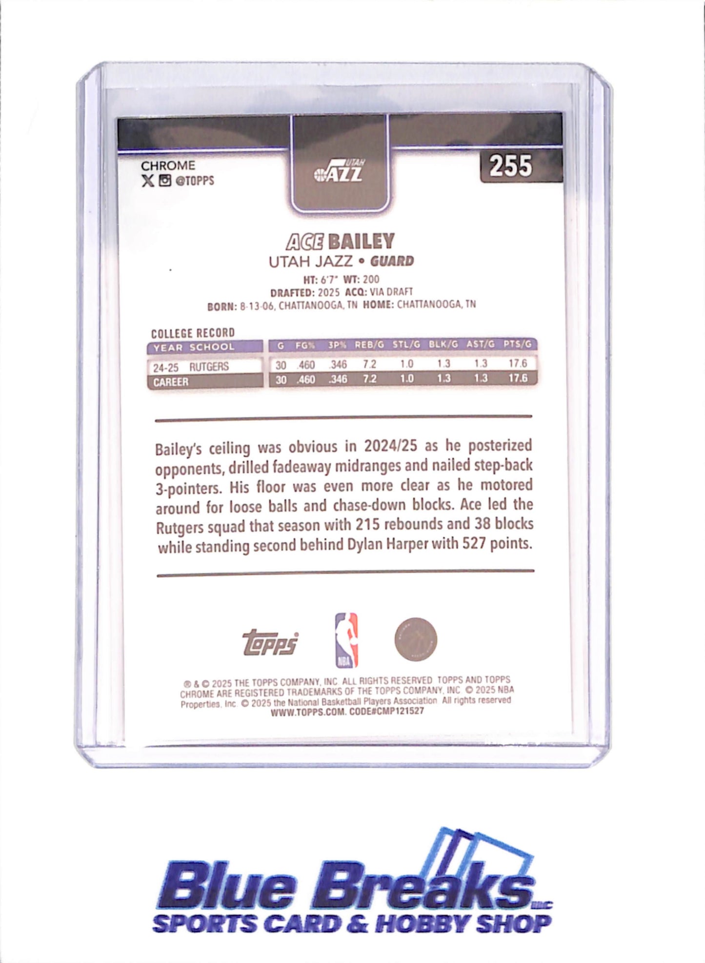 2025-26 Topps Chrome - Ace Bailey - RC - Blue Xfractor - Utah Jazz - Basketball - #255