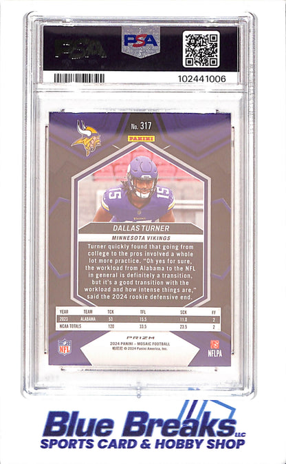 2024 Panini Mosaic - Dallas Turner - Reactive Yellow - RC - PSA 10 - Minnesota Vikings - Football - #317