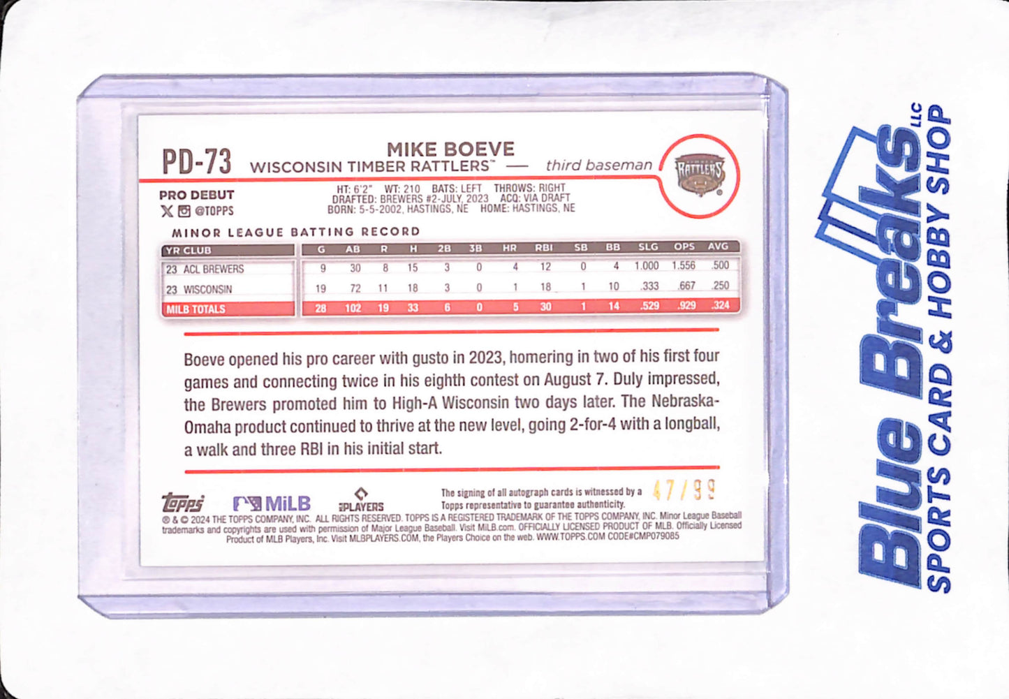 2024 Topps Pro Debut - Mike Boeve - Autograph - Green - Wisconsin Timber Rattlers - Baseball - 47/99 - #PD-73