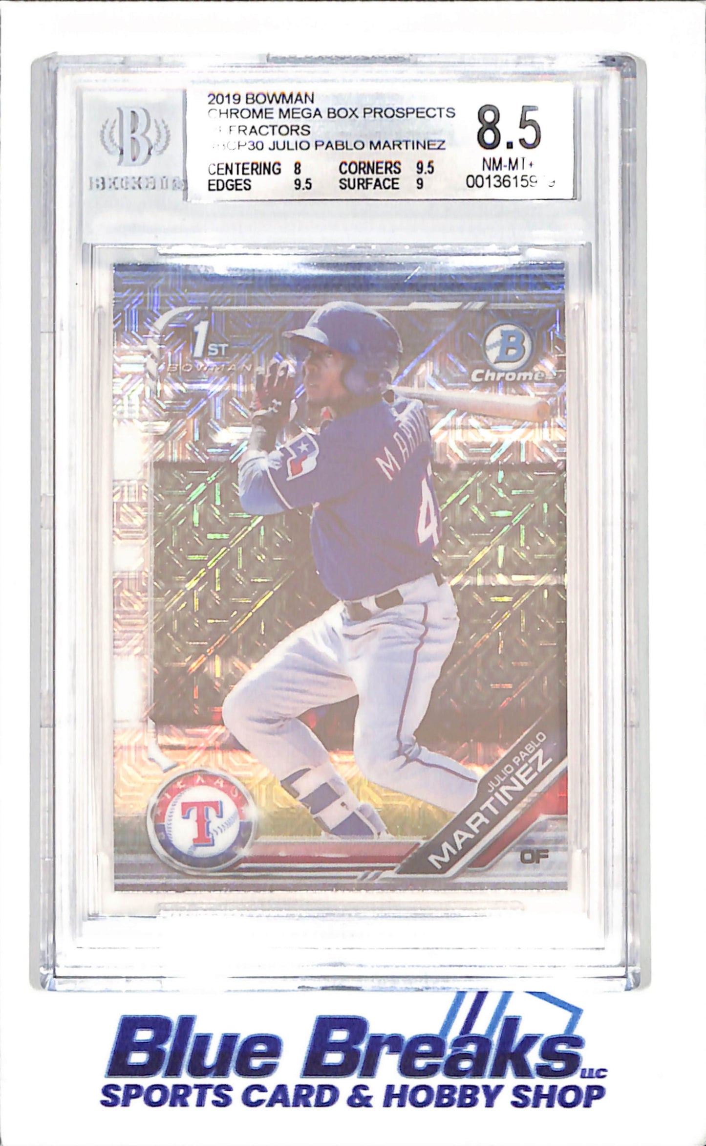 2019 Bowman Chrome - Julio Pablo Martinez - Chrome Mega Prospects Refractor - Beckett 8.5 - Bowman 1st - Texas Rangers - Baseball - #BCP30