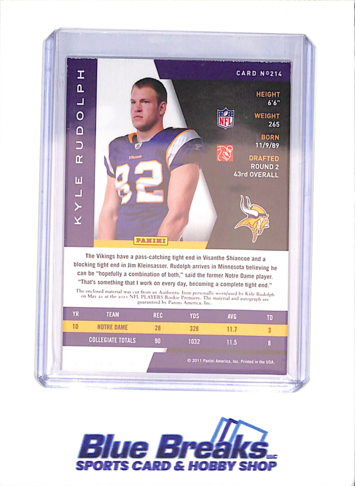 2011 Panini Limited - Kyle Rudolph - Rookie Phenoms - Relic Autograph - RPA - 155/299 - Minnesota Vikings - Football - #214