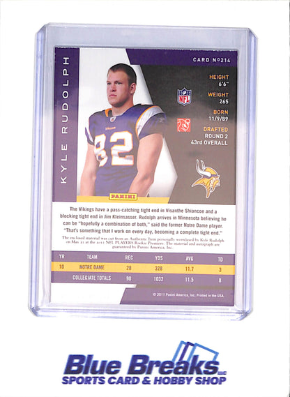 2011 Panini Limited - Kyle Rudolph - Rookie Phenoms - Relic Autograph - RPA - 155/299 - Minnesota Vikings - Football - #214
