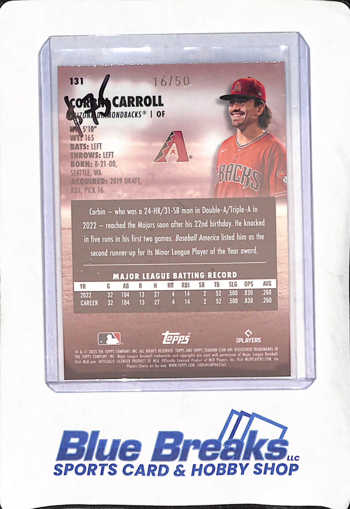 2023 Topps Stadium Club - Corbin Carroll - Blue - RC - Arizona Diamondbacks - Baseball - 16/50 - #131