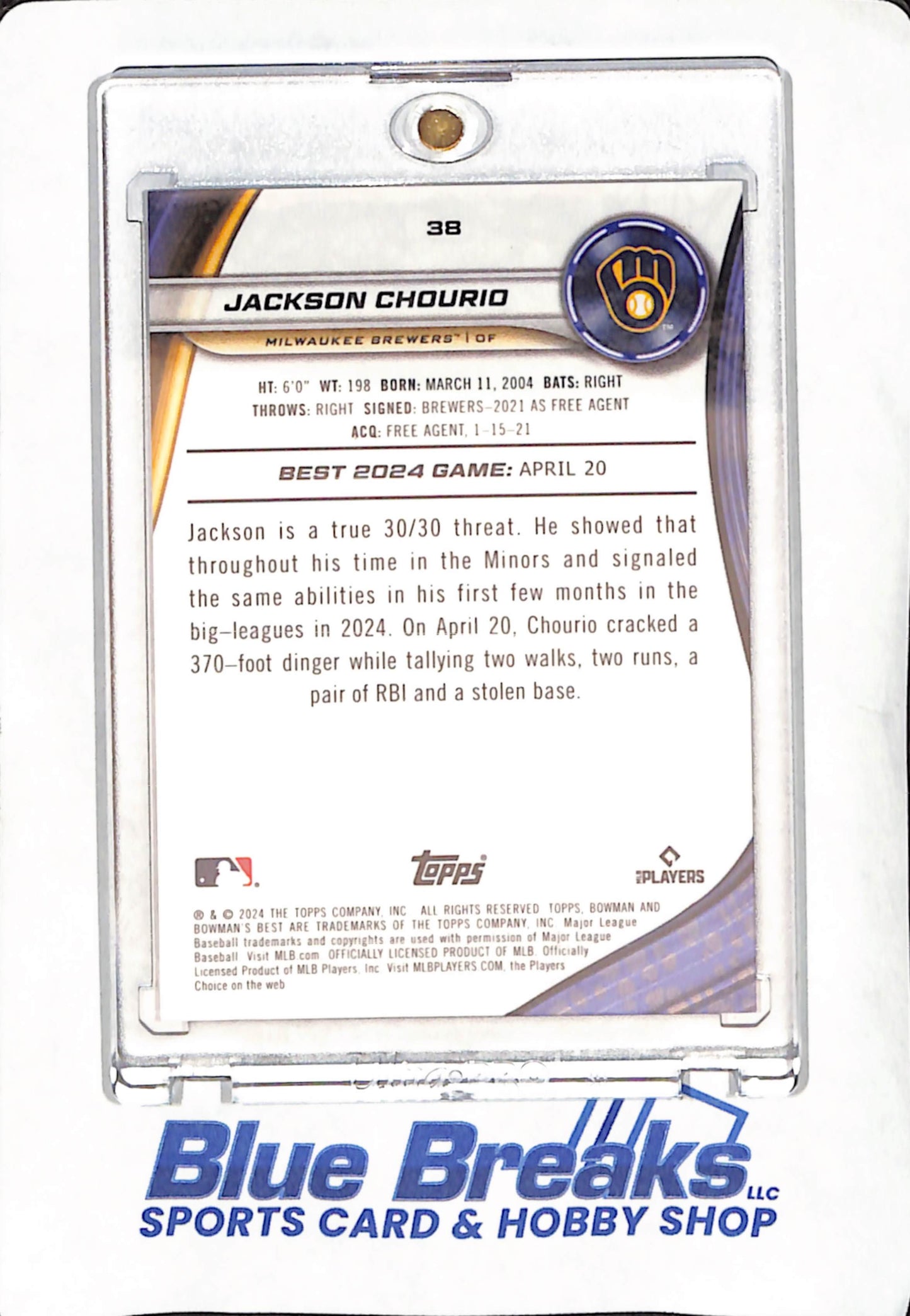 2024 Bowman's Best - Jackson Chourio - Milwaukee Brewers - Baseball - 21/25 - RC - #38