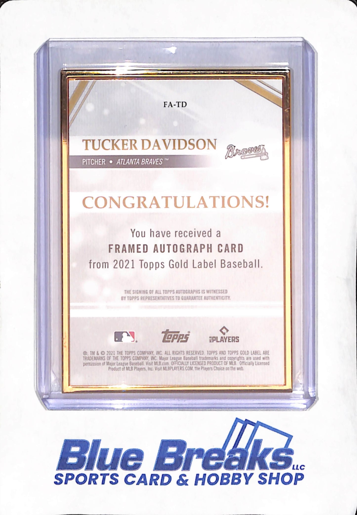 2021 Topps Gold Label - Tucker Davidson - Autograph - Atlanta Braves - RC - Baseball - #FA-TD